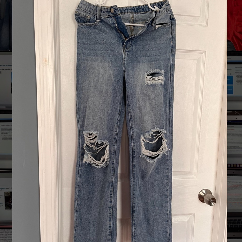 Wide leg, high rise, ripped jeans denim jeans.